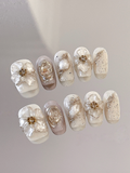 Autumn Whisper — Ivory, Caramel & Gold Foil | Handmade Press-On Nails image 1