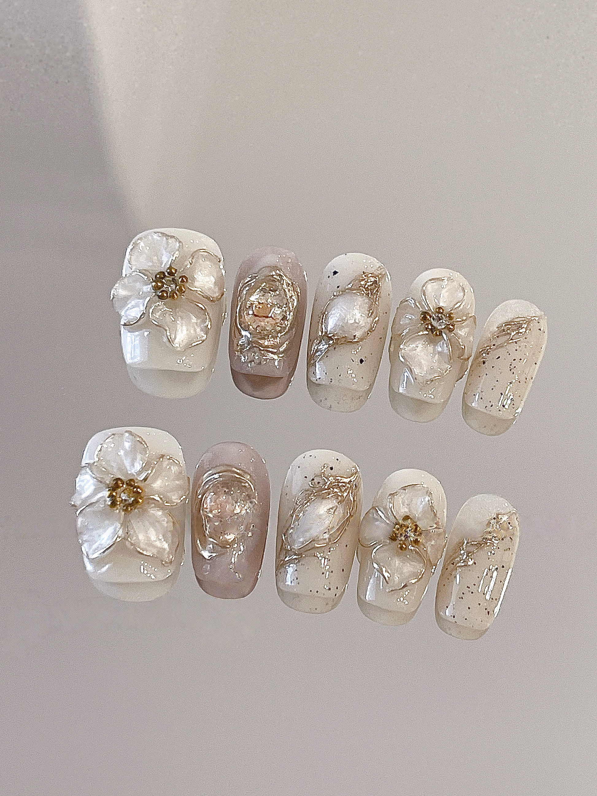 Autumn Whisper — Ivory, Caramel & Gold Foil | Handmade Press-On Nails image 2