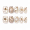Autumn Whisper — Ivory, Caramel & Gold Foil | Handmade Press-On Nails image 1