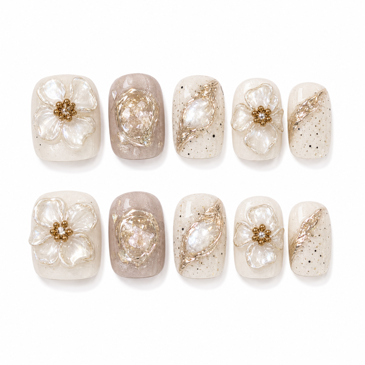 Autumn Whisper — Ivory, Caramel & Gold Foil | Handmade Press-On Nails image 1