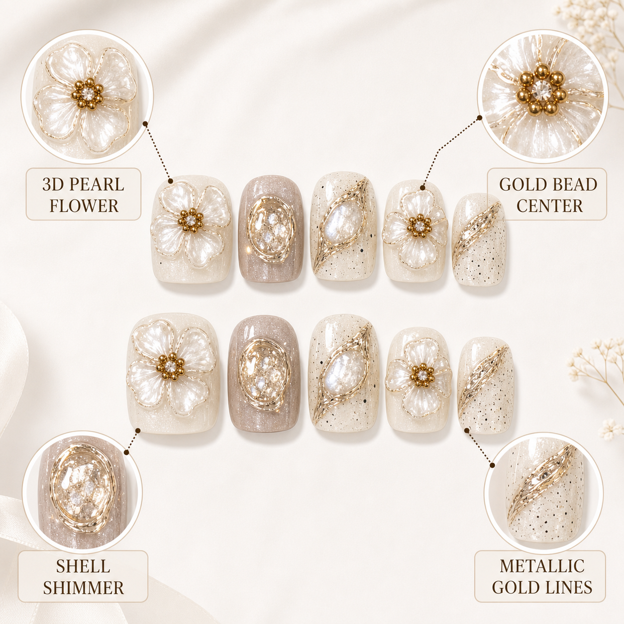 Autumn Whisper — Ivory, Caramel & Gold Foil | Handmade Press-On Nails image 4