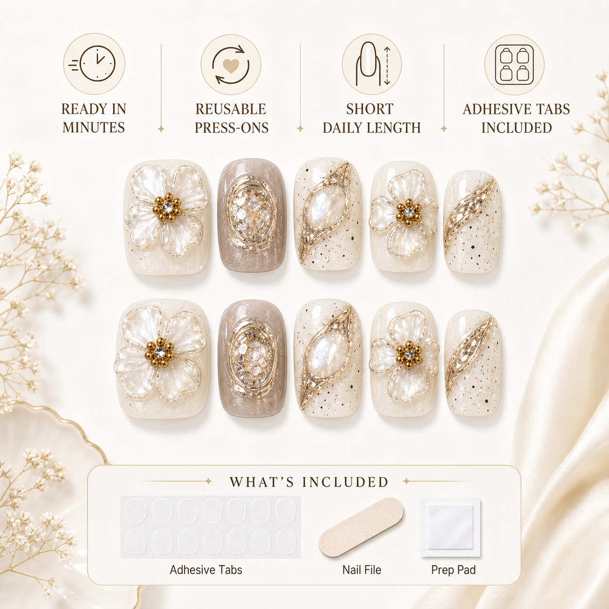 Autumn Whisper — Ivory, Caramel & Gold Foil | Handmade Press-On Nails image 5