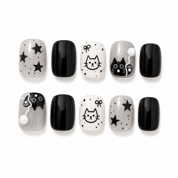 Black Cat & Stars — Ink & Milk Kitty Sketches | Handmade Press-On Nails image 1