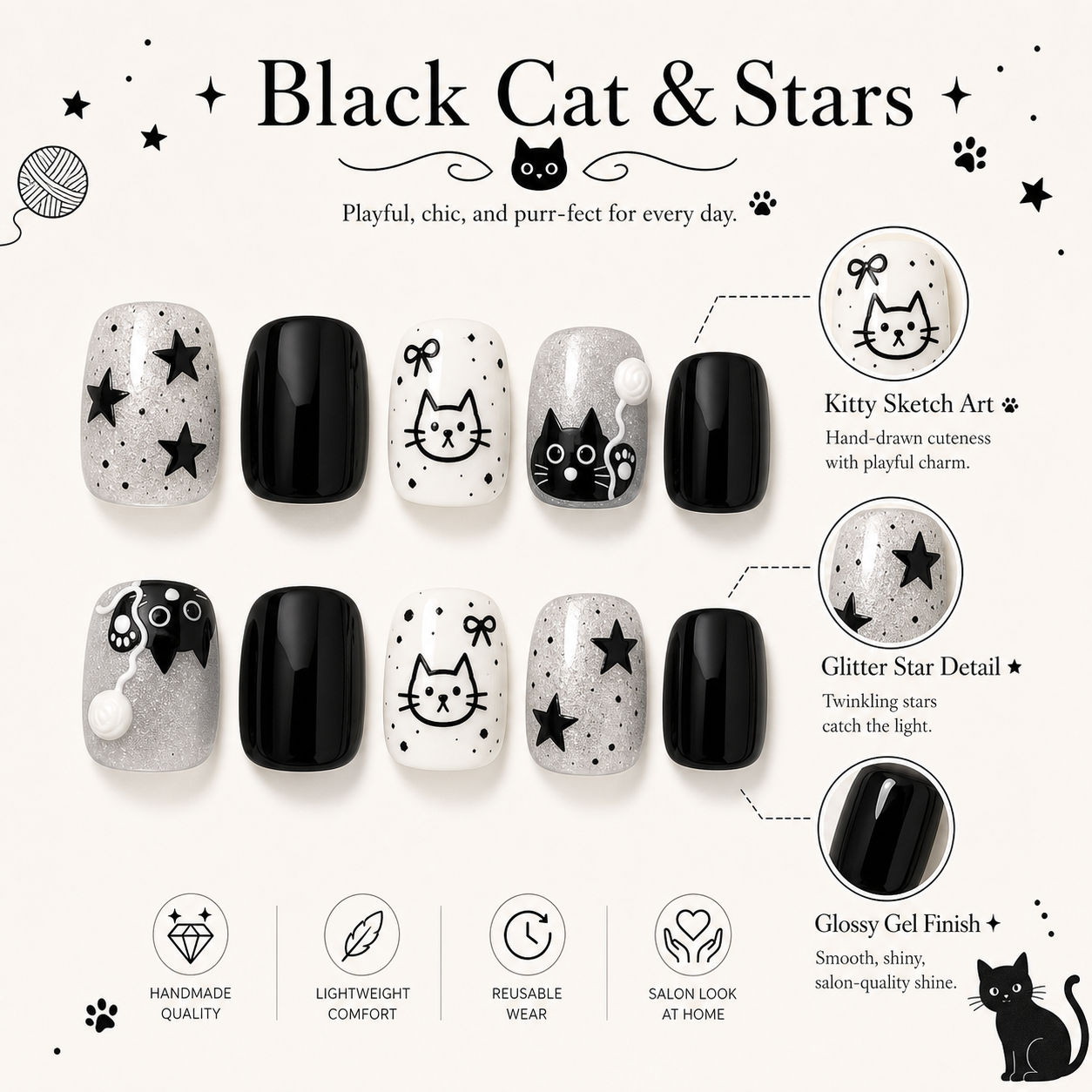 Black Cat & Stars — Ink & Milk Kitty Sketches | Handmade Press-On Nails image 5