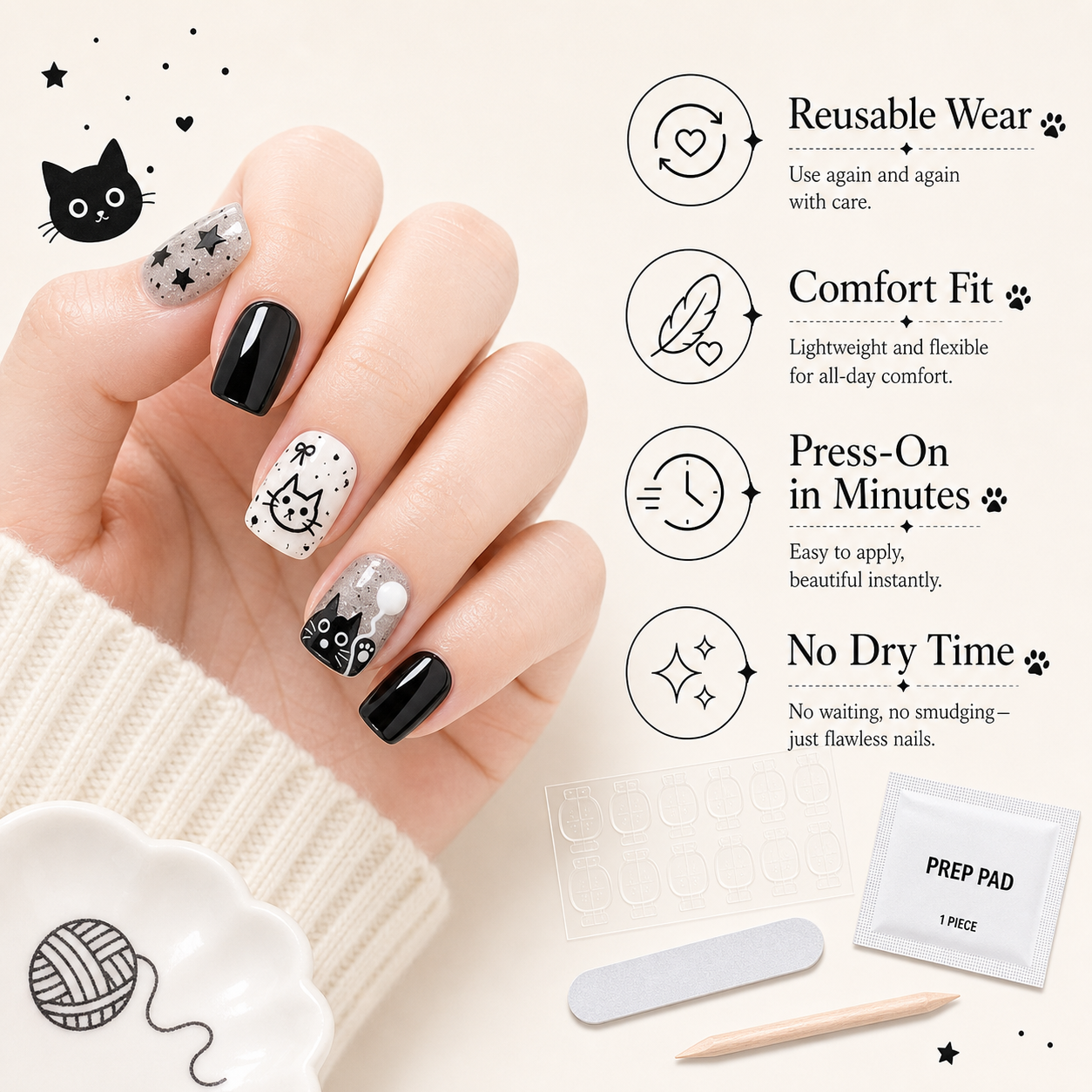 Black Cat & Stars — Ink & Milk Kitty Sketches | Handmade Press-On Nails image 6