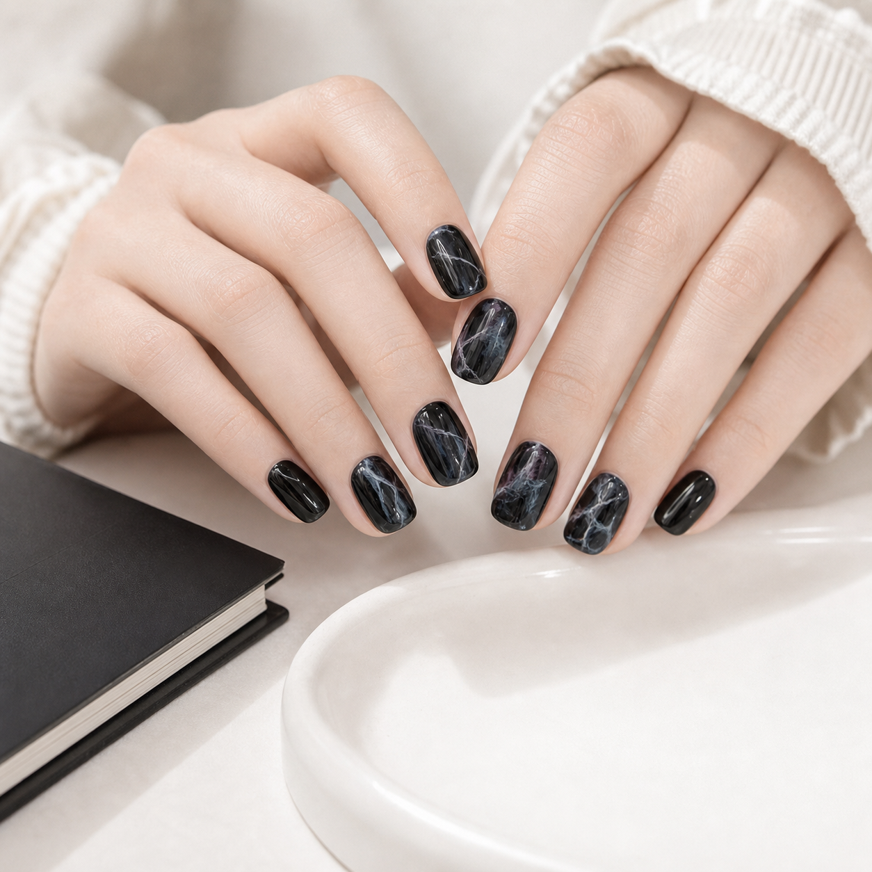 Black Marble — Polished Stone Veining | Handmade Press-On Nails image 2