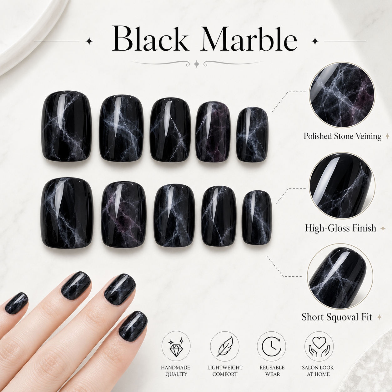 Black Marble — Polished Stone Veining | Handmade Press-On Nails image 5