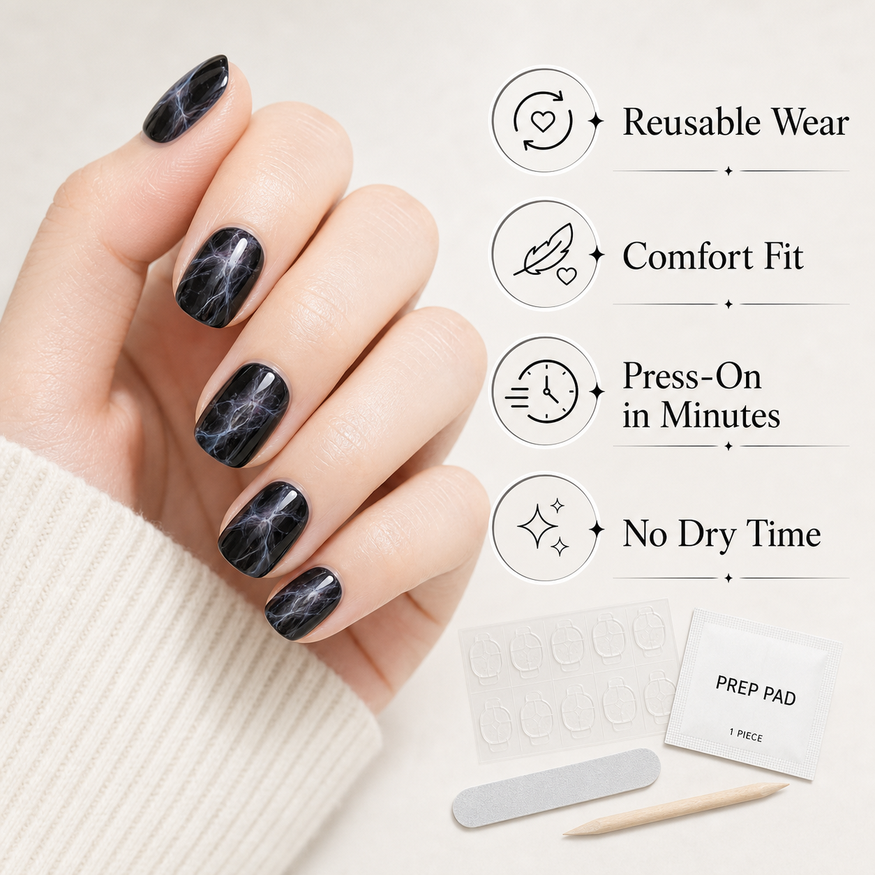 Black Marble — Polished Stone Veining | Handmade Press-On Nails image 6