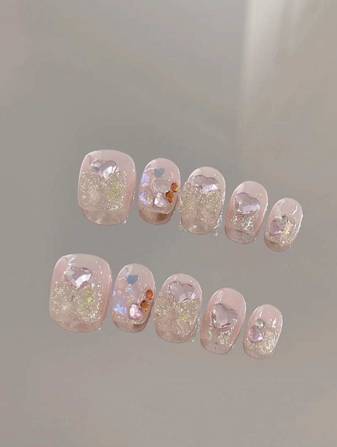Bows & Hearts — Blush Shimmer Love Notes | Handmade Press-On Nails image 1