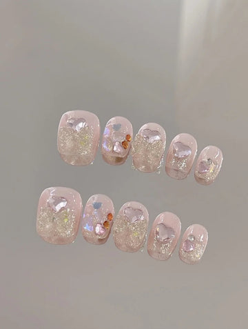 Bows & Hearts — Blush Shimmer Love Notes | Handmade Press-On Nails image 1