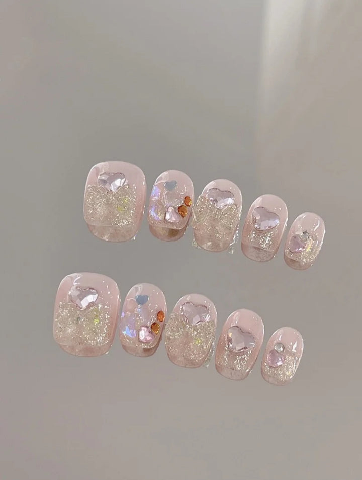 Bows & Hearts — Blush Shimmer Love Notes | Handmade Press-On Nails image 1