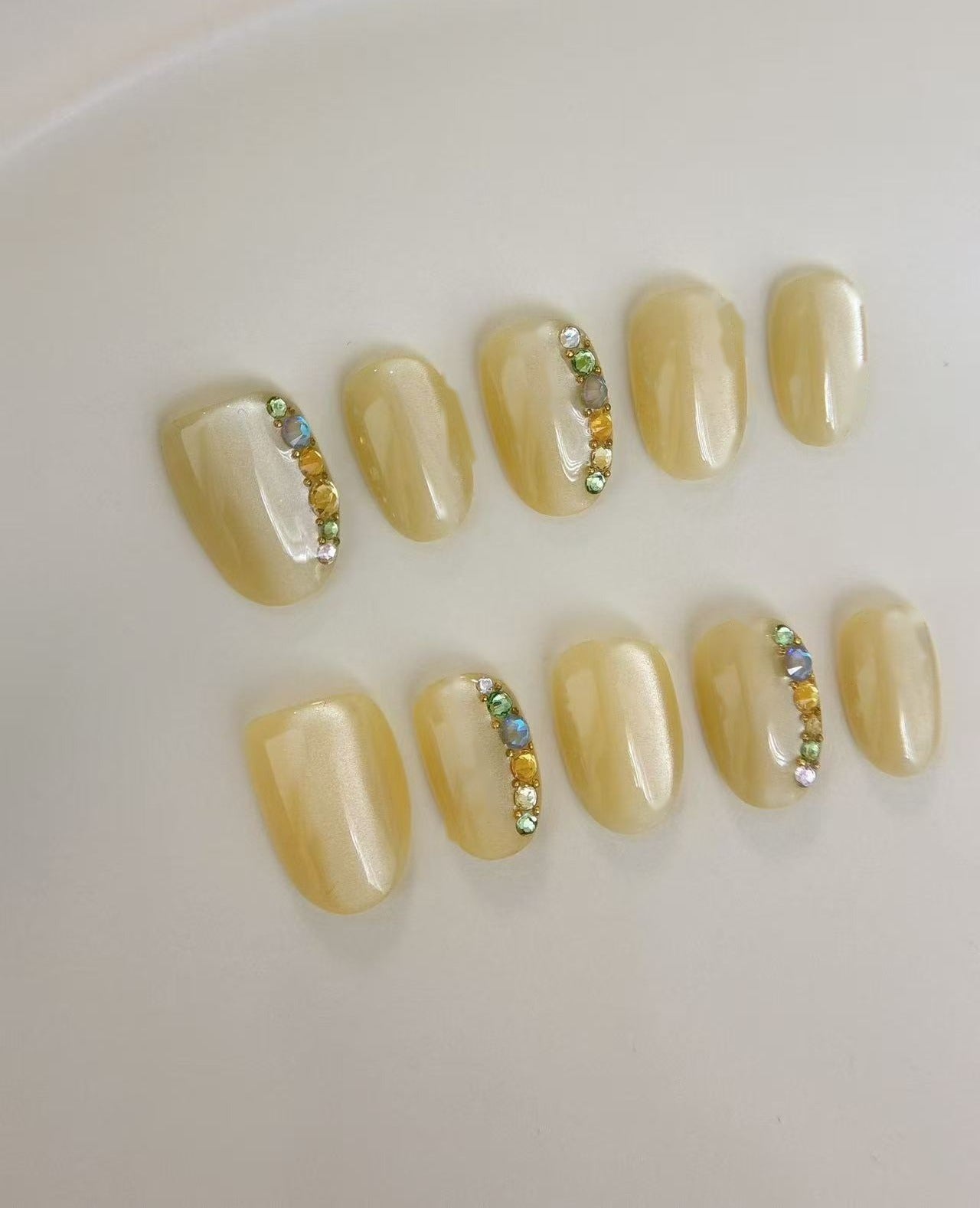 Buttercup Gems — Pale Yellow with Rainbow Stones | Handmade Press-On Nails image 1