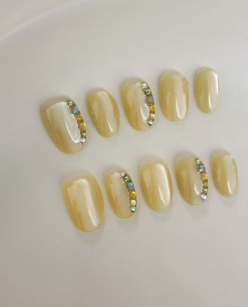 Buttercup Gems — Pale Yellow with Rainbow Stones | Handmade Press-On Nails image 1