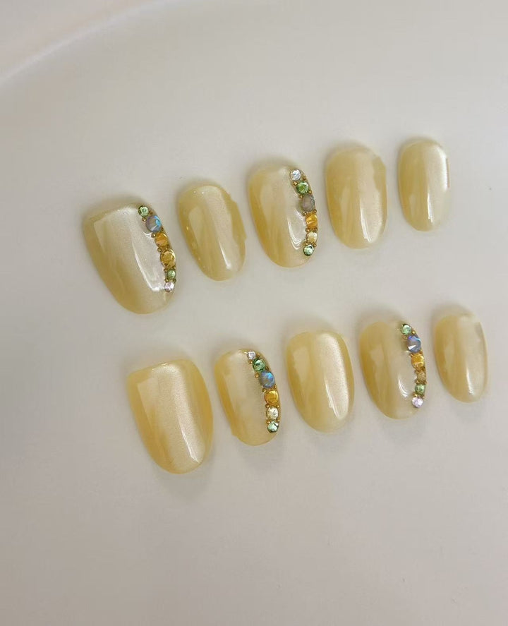 Buttercup Gems — Pale Yellow with Rainbow Stones | Handmade Press-On Nails image 1