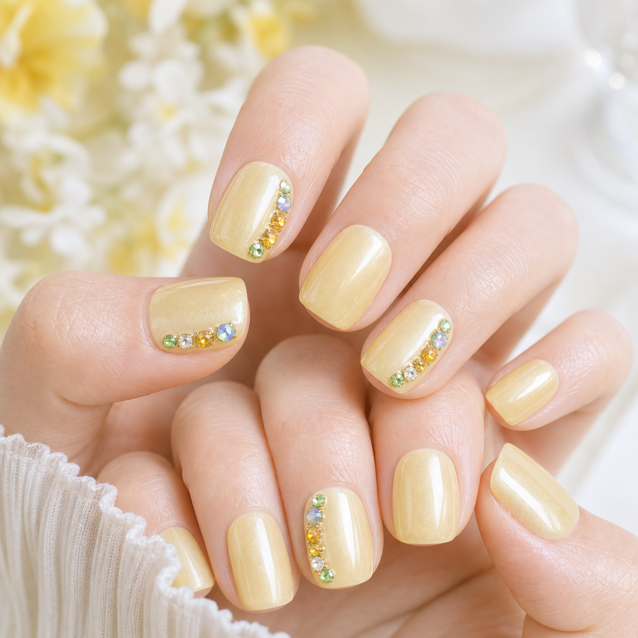 Buttercup Gems — Pale Yellow with Rainbow Stones | Handmade Press-On Nails image 3