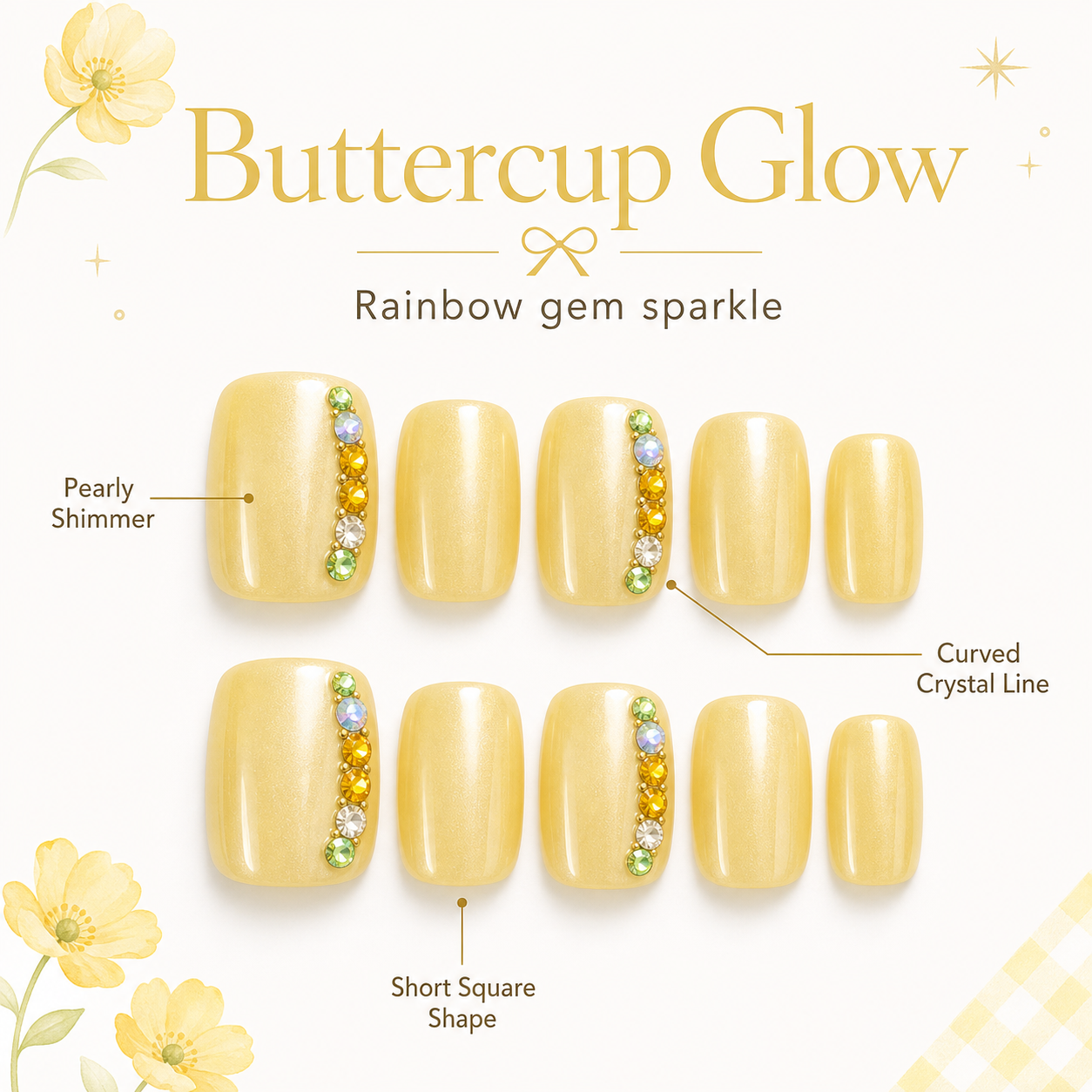 Buttercup Gems — Pale Yellow with Rainbow Stones | Handmade Press-On Nails image 6