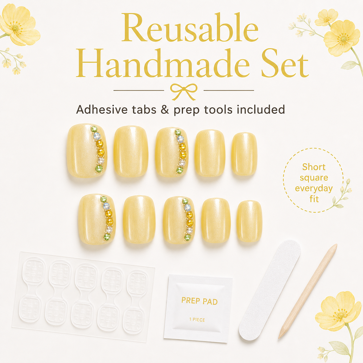 Buttercup Gems — Pale Yellow with Rainbow Stones | Handmade Press-On Nails image 7