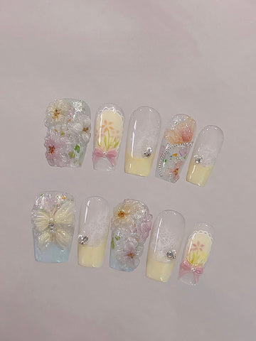 Butterfly Among Blossoms — Pastel Blossom & Butterfly Garden | Handmade Press-On Nails image 1