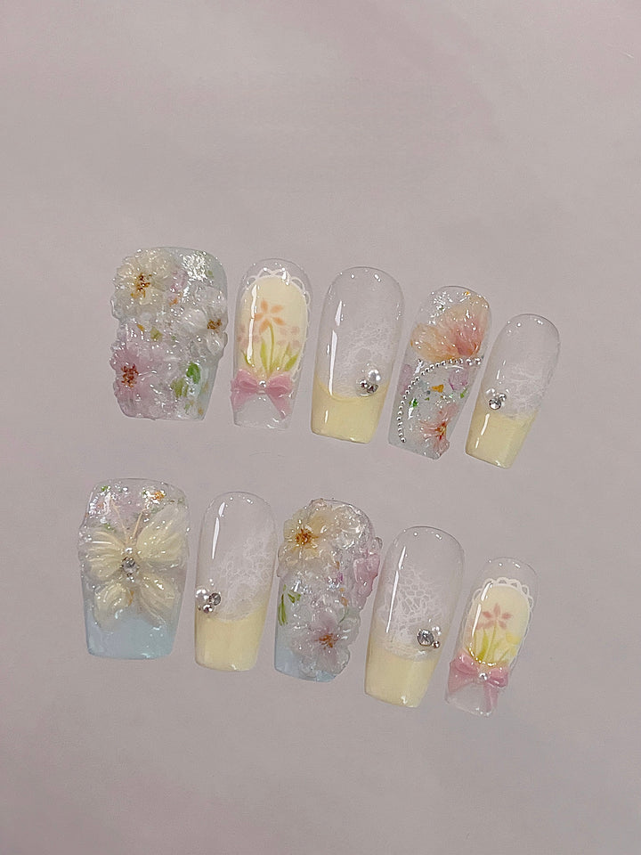 Butterfly Among Blossoms — Pastel Blossom & Butterfly Garden | Handmade Press-On Nails image 1