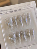 Carved Butterfly Mist — Crystal Stilettos & Silver Wings | Handmade Press-On Nails image 1