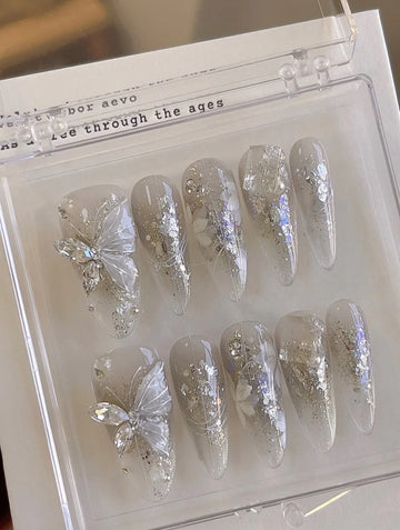Carved Butterfly Mist — Crystal Stilettos & Silver Wings | Handmade Press-On Nails image 1