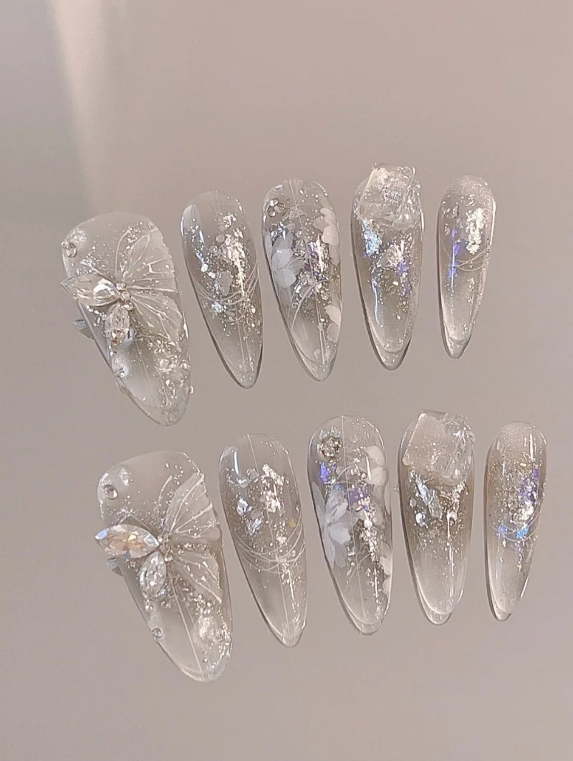 Carved Butterfly Mist — Crystal Stilettos & Silver Wings | Handmade Press-On Nails image 2