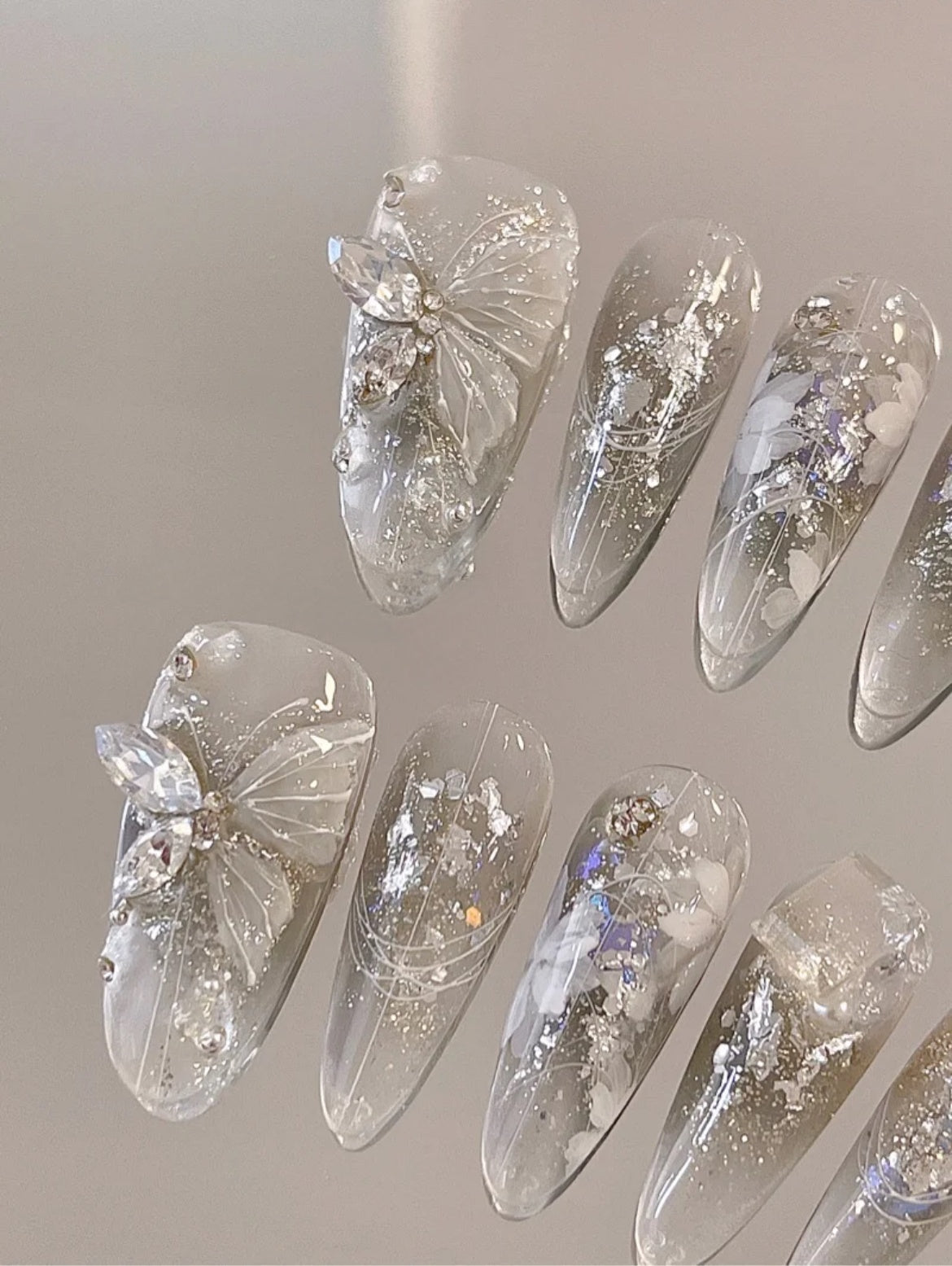 Carved Butterfly Mist — Crystal Stilettos & Silver Wings | Handmade Press-On Nails image 3