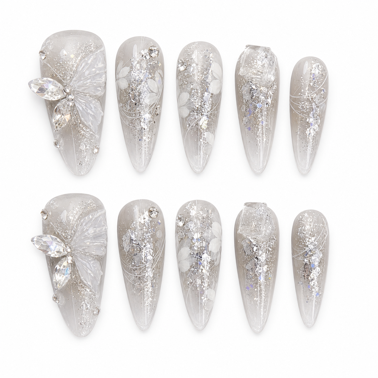 Carved Butterfly Mist — Crystal Stilettos & Silver Wings | Handmade Press-On Nails image 1