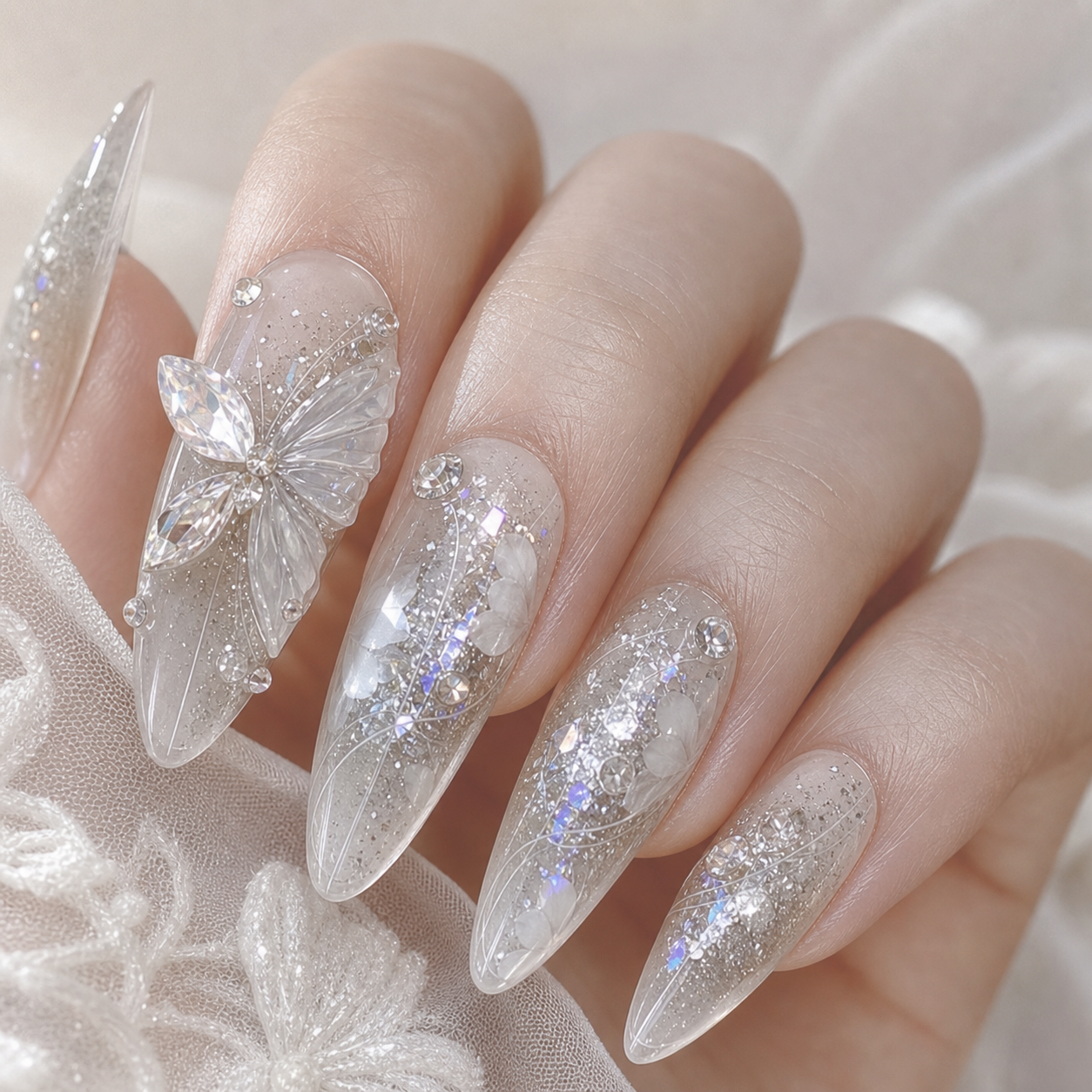 Carved Butterfly Mist — Crystal Stilettos & Silver Wings | Handmade Press-On Nails image 3