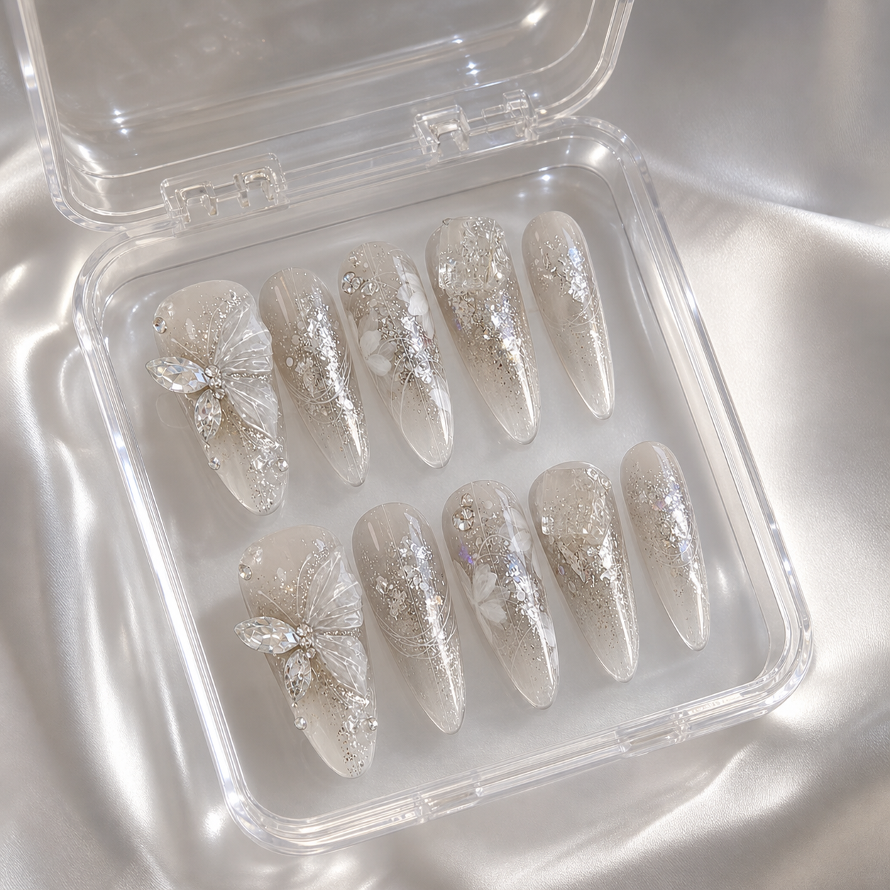 Carved Butterfly Mist — Crystal Stilettos & Silver Wings | Handmade Press-On Nails image 4