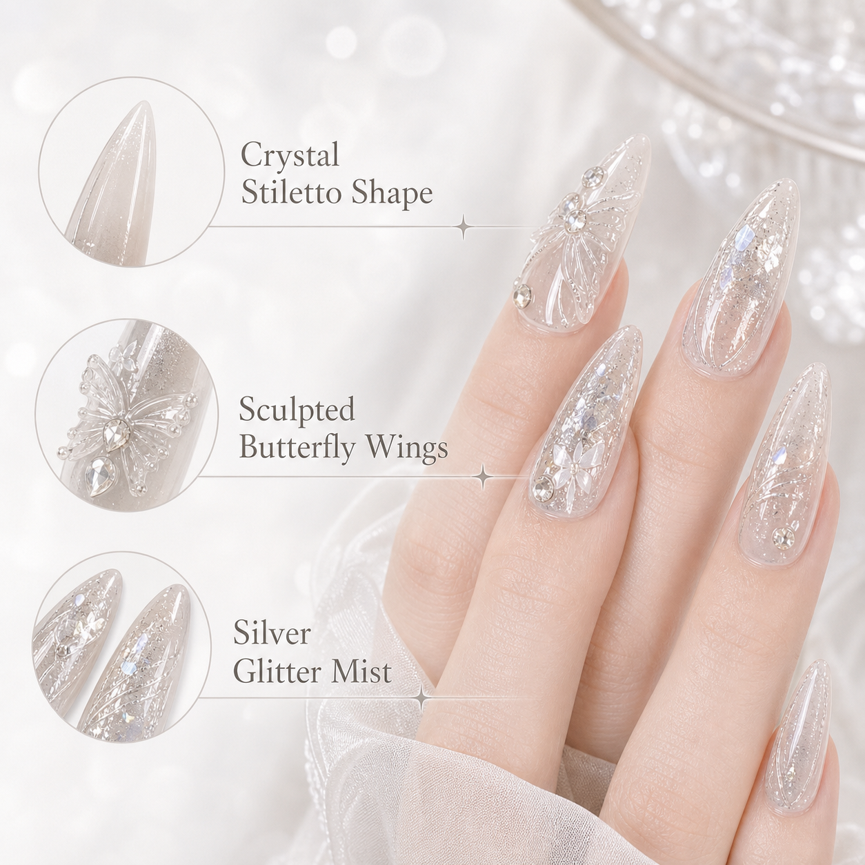 Carved Butterfly Mist — Crystal Stilettos & Silver Wings | Handmade Press-On Nails image 6