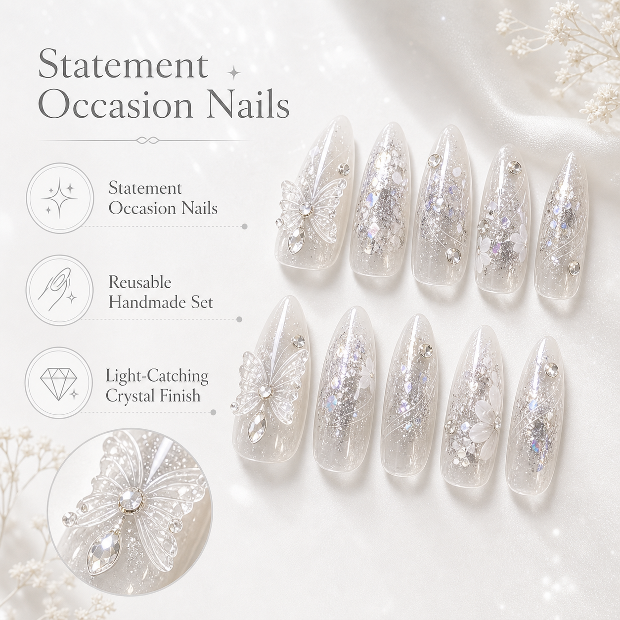 Carved Butterfly Mist — Crystal Stilettos & Silver Wings | Handmade Press-On Nails image 7