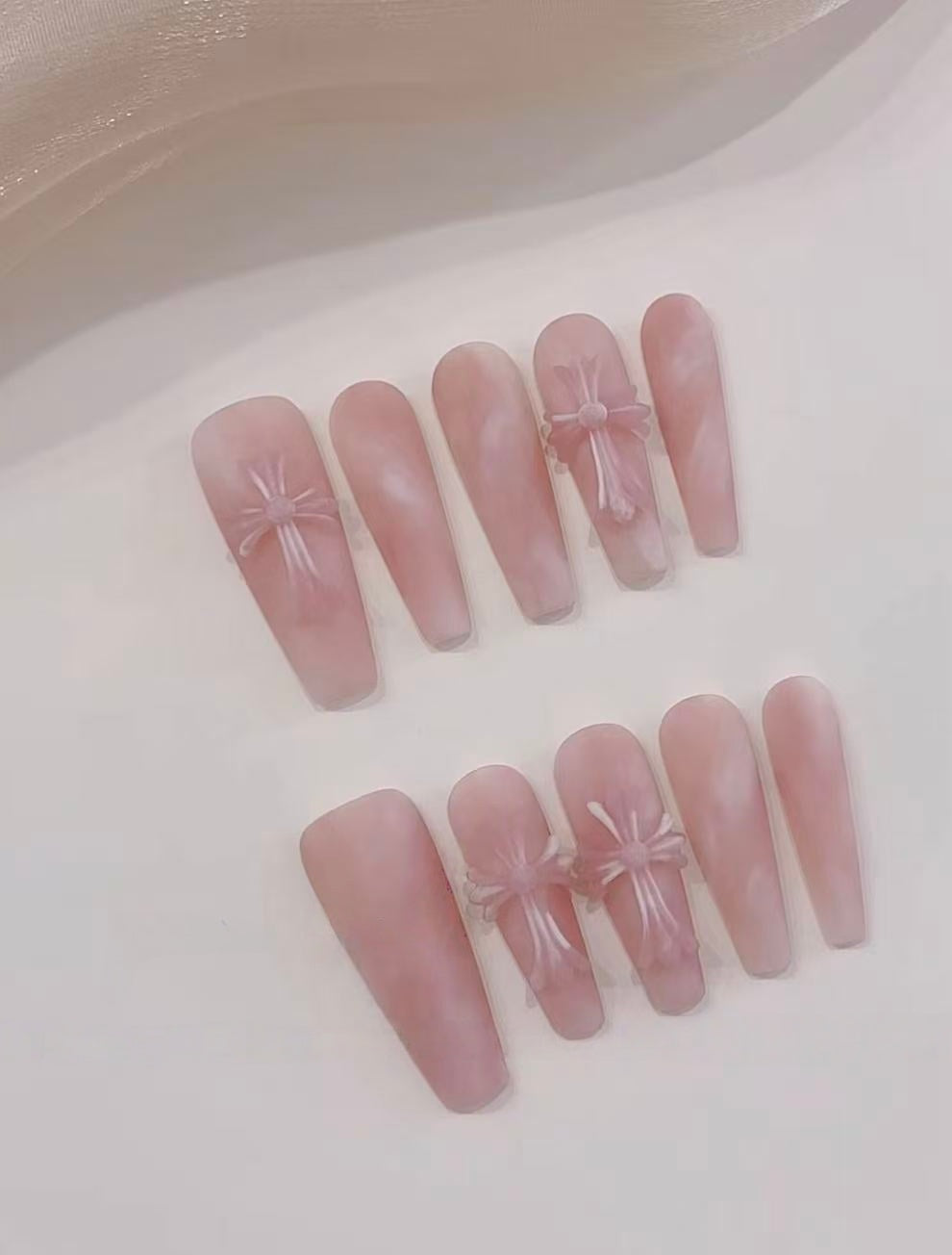 Chrome Heart Cross — Rosy Ombré with Cross Art | Handmade Press-On Nails image 1
