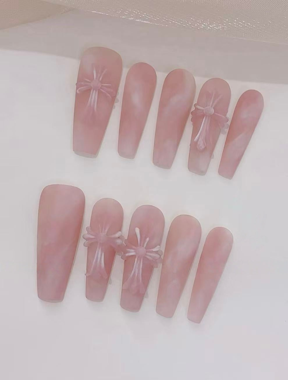 Chrome Heart Cross — Rosy Ombré with Cross Art | Handmade Press-On Nails image 2