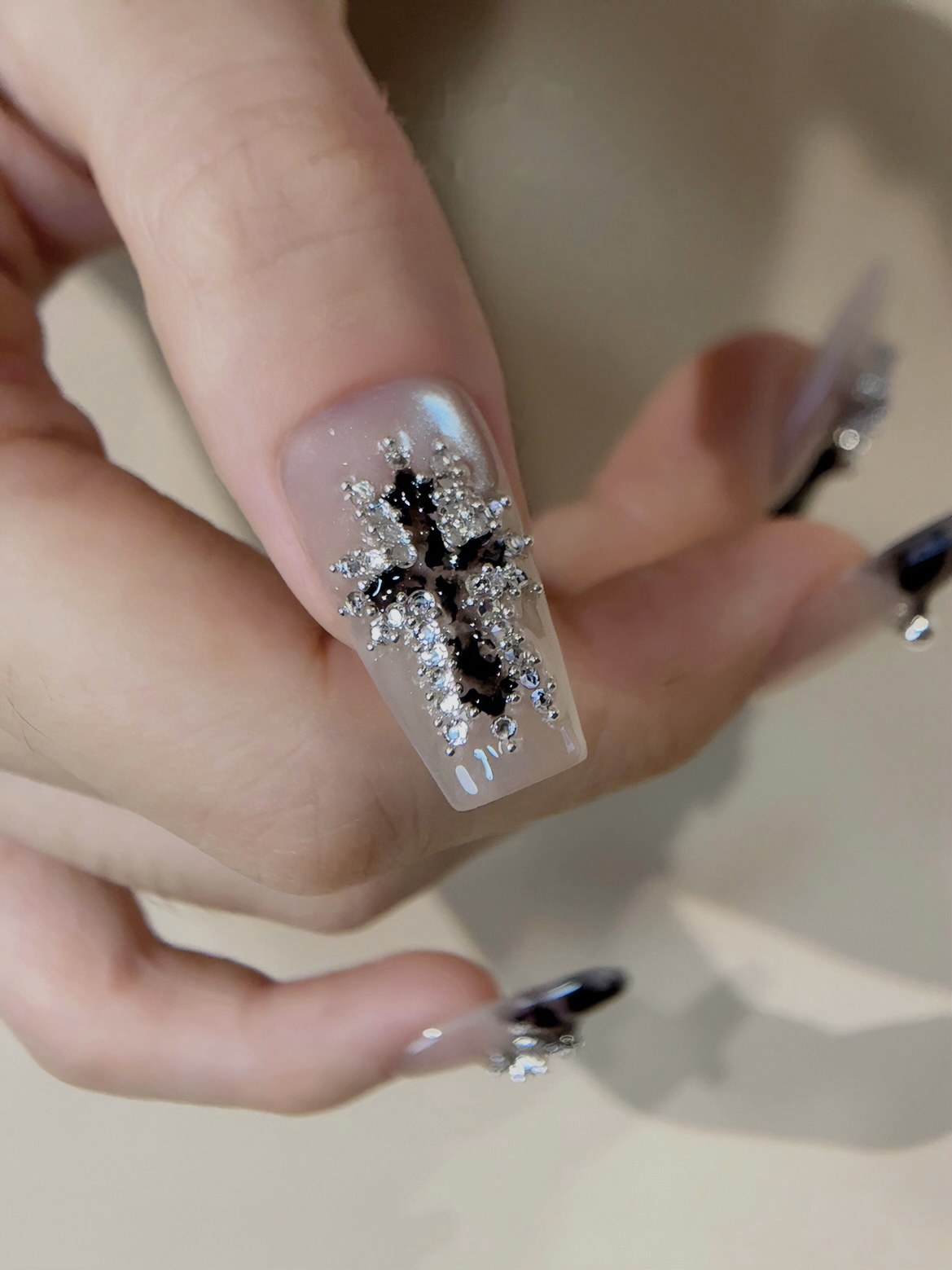 Dark Cross — Gothic Cross on Glass | Handmade Press-On Nails image 1