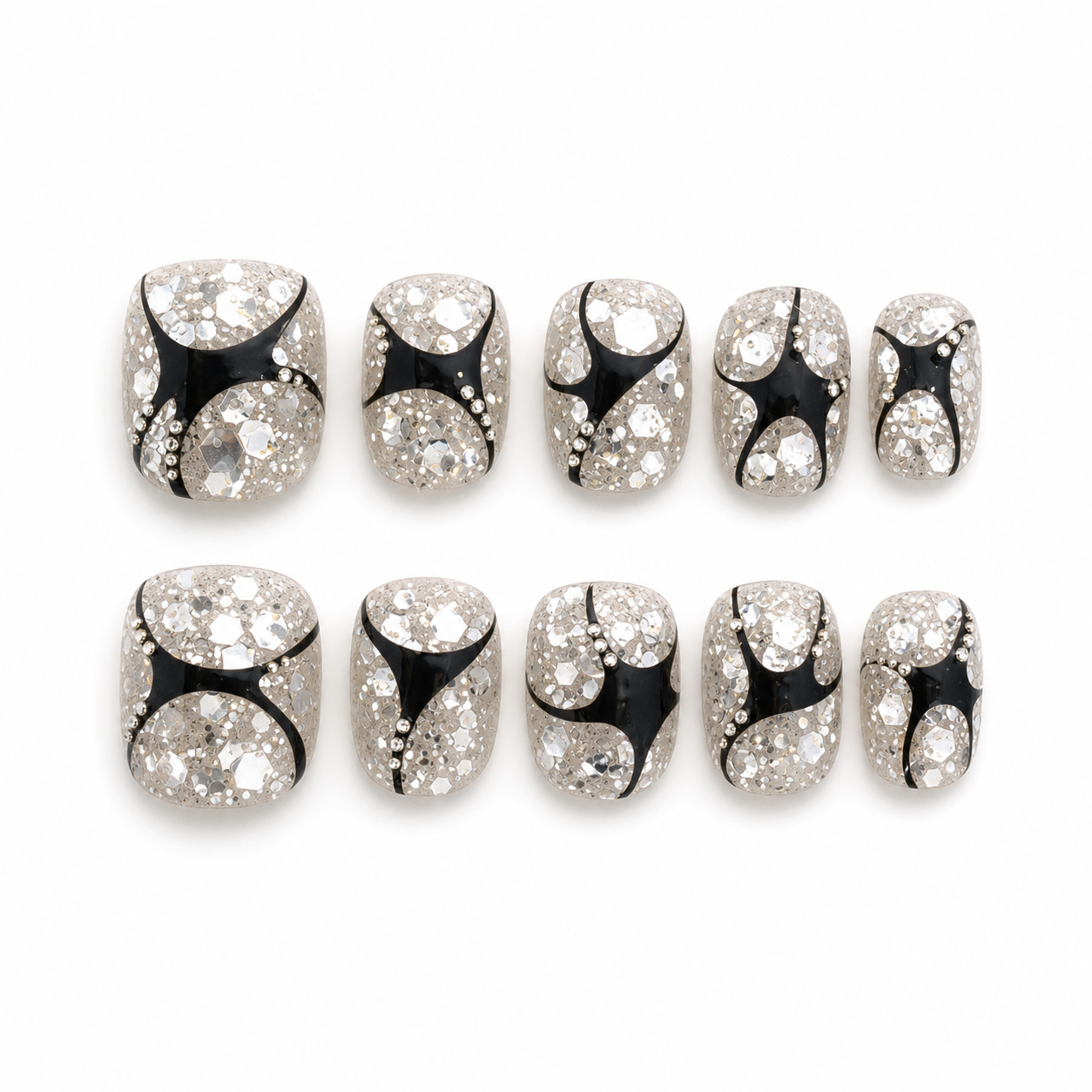 Diamond Dust Noir — Crushed Sparkle with Black Curves | Handmade Press-On Nails image 1