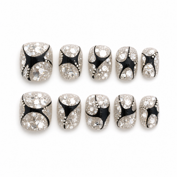 Diamond Dust Noir — Crushed Sparkle with Black Curves | Handmade Press-On Nails image 1
