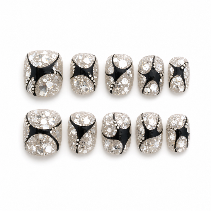 Diamond Dust Noir — Crushed Sparkle with Black Curves | Handmade Press-On Nails image 1