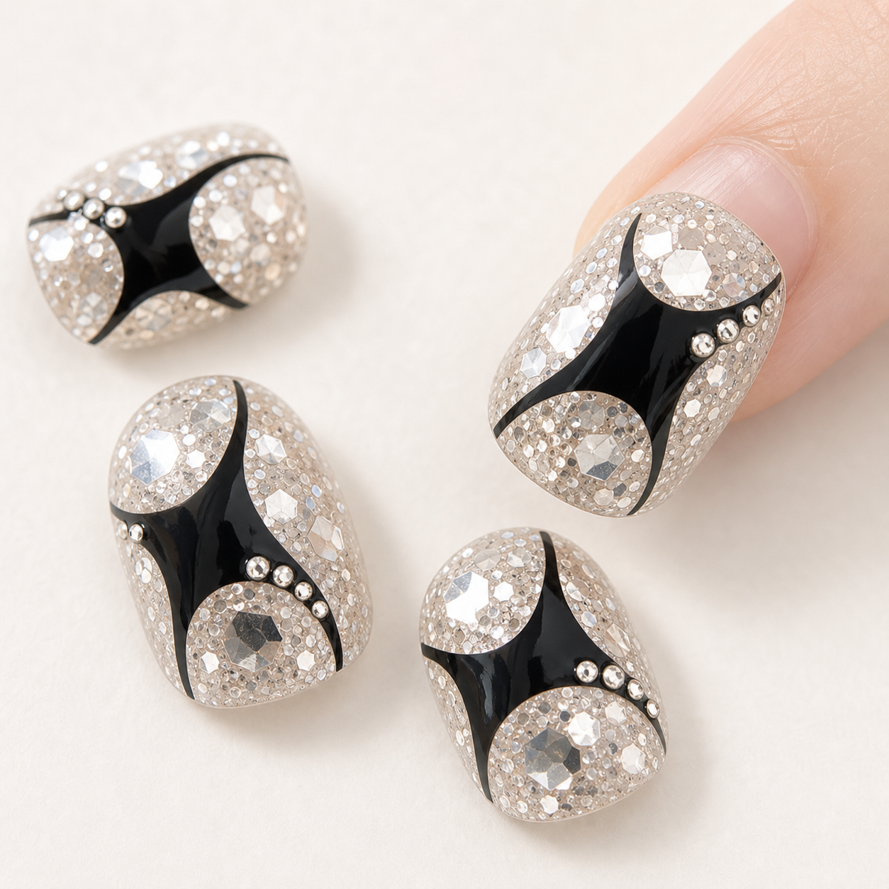 Diamond Dust Noir — Crushed Sparkle with Black Curves | Handmade Press-On Nails image 4