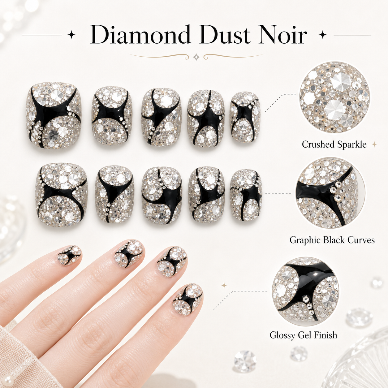 Diamond Dust Noir — Crushed Sparkle with Black Curves | Handmade Press-On Nails image 5