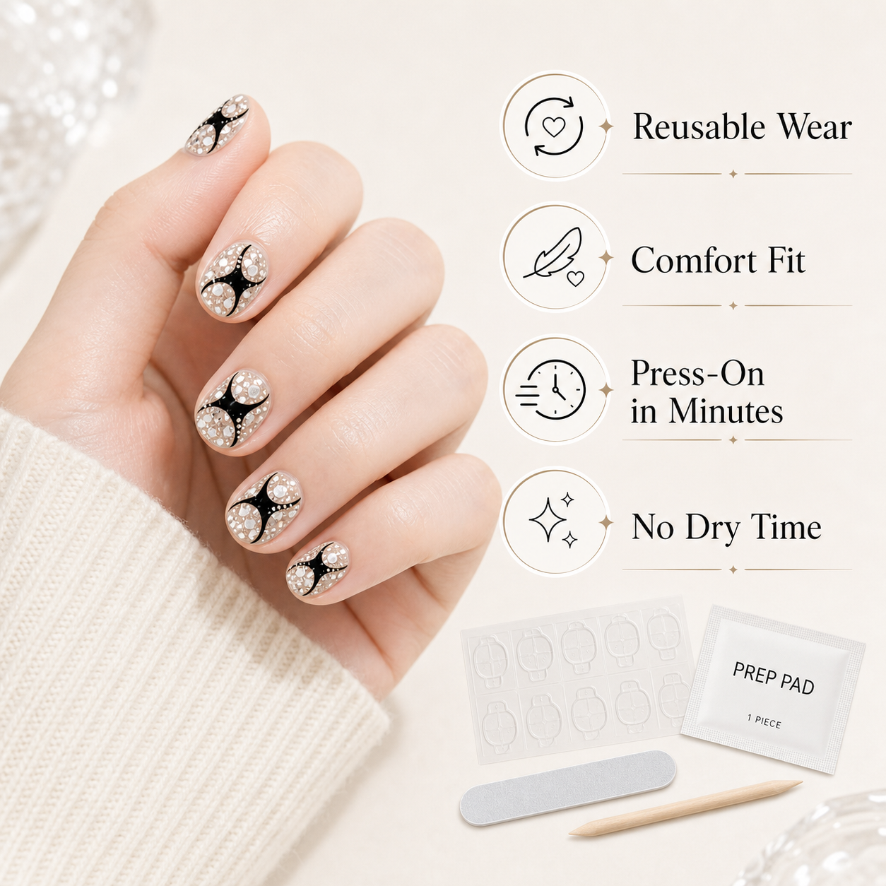 Diamond Dust Noir — Crushed Sparkle with Black Curves | Handmade Press-On Nails image 6