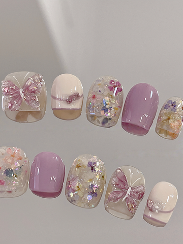 Dried-Flower Butterfly — Lilac Keepsake Blooms | Handmade Press-On Nails image 1