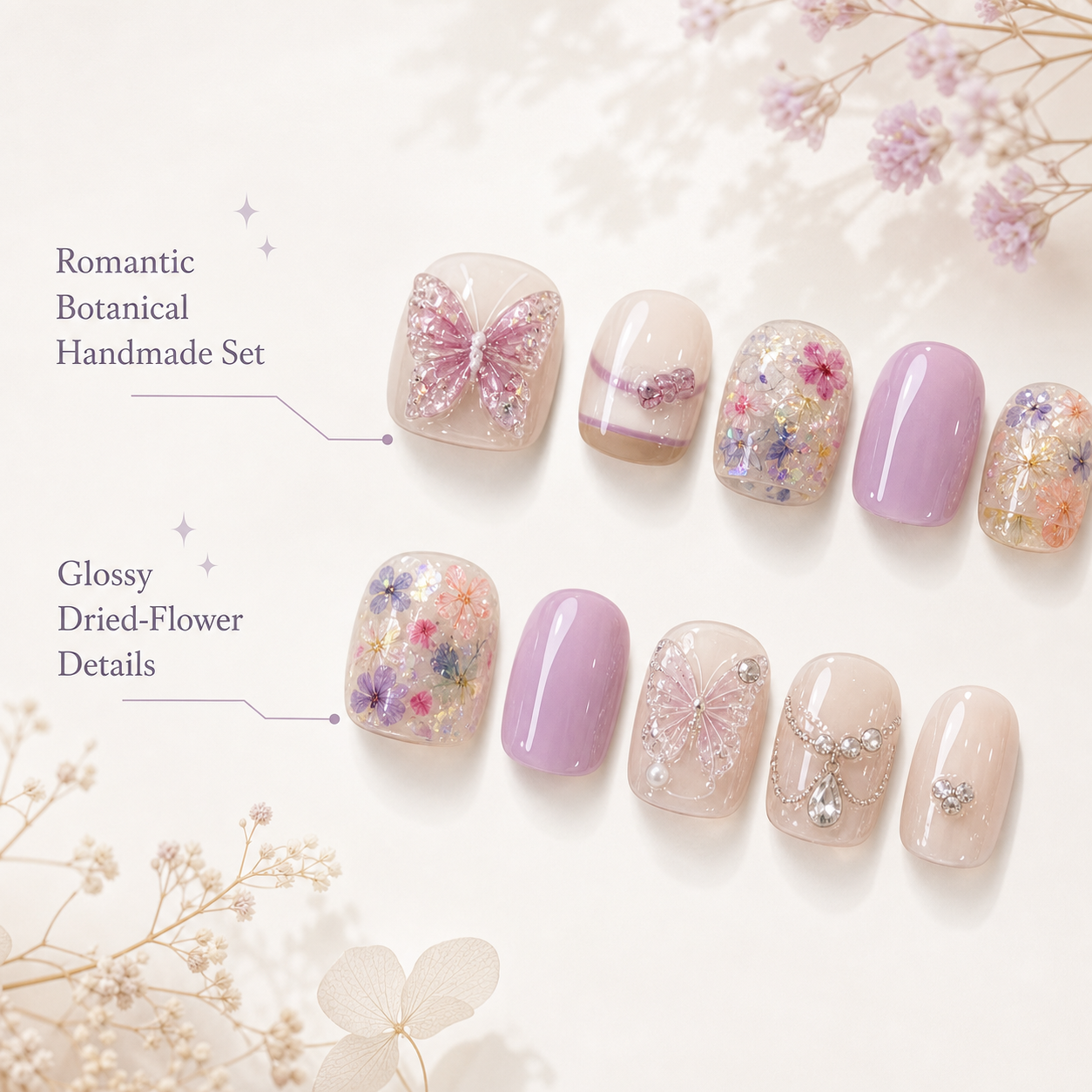 Dried-Flower Butterfly — Lilac Keepsake Blooms | Handmade Press-On Nails image 5
