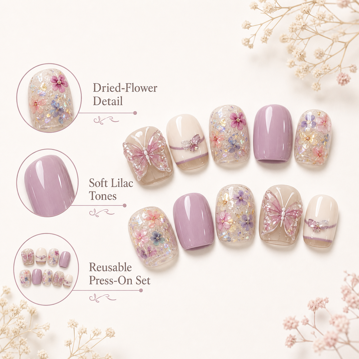 Dried-Flower Butterfly — Lilac Keepsake Blooms | Handmade Press-On Nails image 6