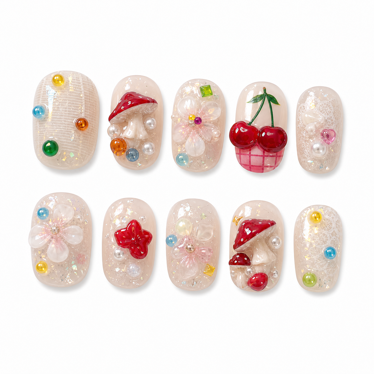 Enchanted Forest — Jewel Blooms & Tiny Charms | Handmade Press-On Nails image 1