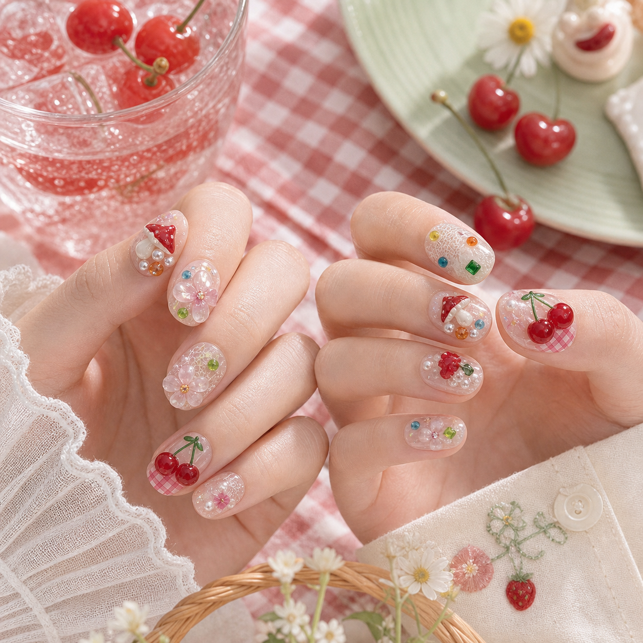 Enchanted Forest — Jewel Blooms & Tiny Charms | Handmade Press-On Nails image 2