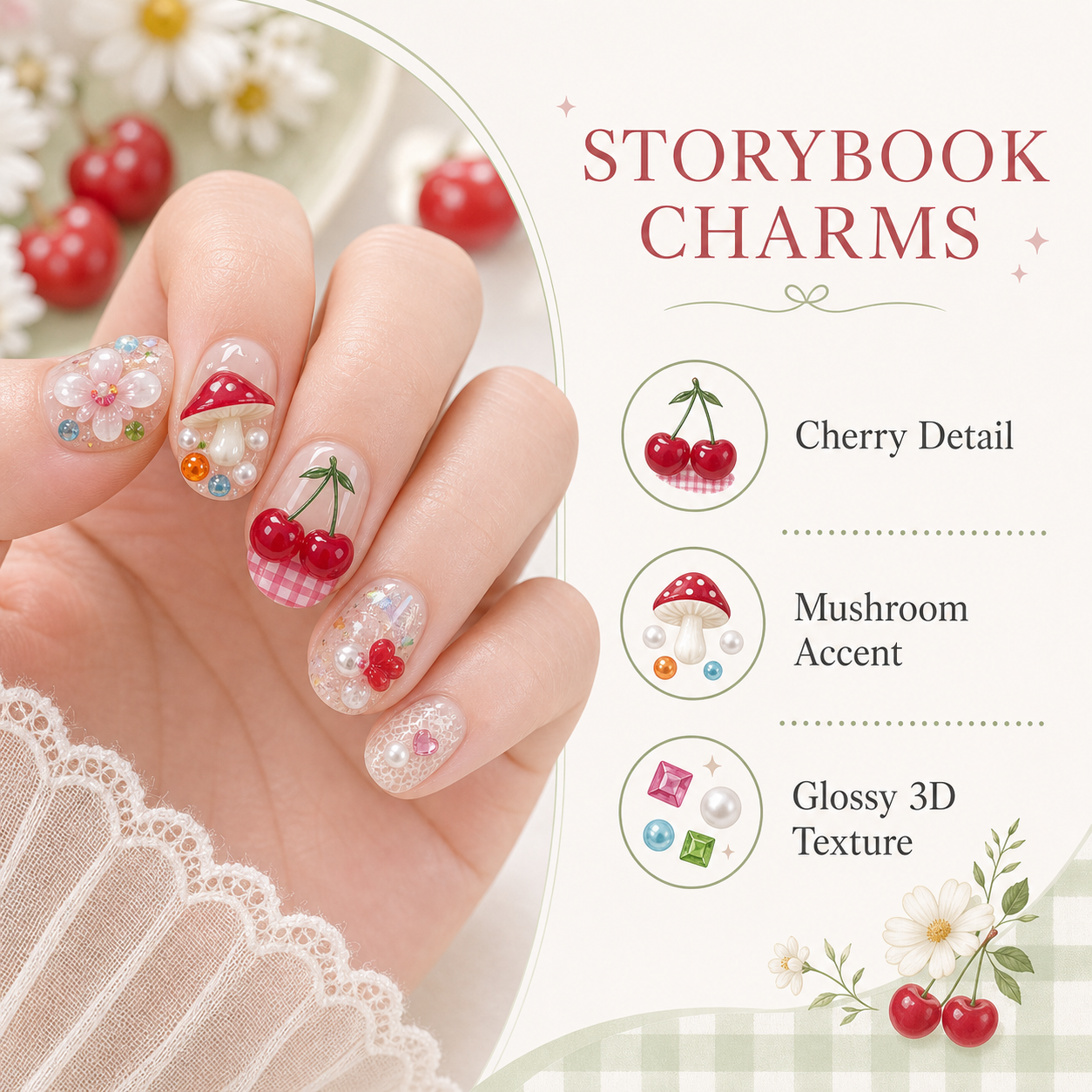 Enchanted Forest — Jewel Blooms & Tiny Charms | Handmade Press-On Nails image 5