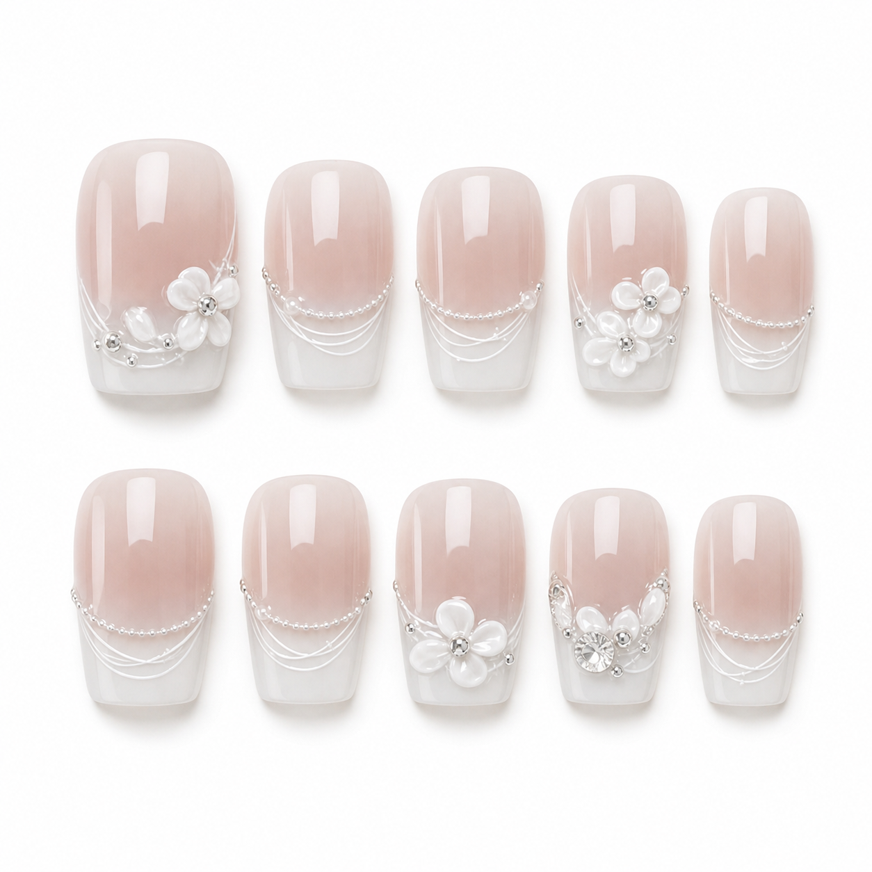 Everyday Carved Bloom — Milky French with Carved Florals | Handmade Press-On Nails image 1