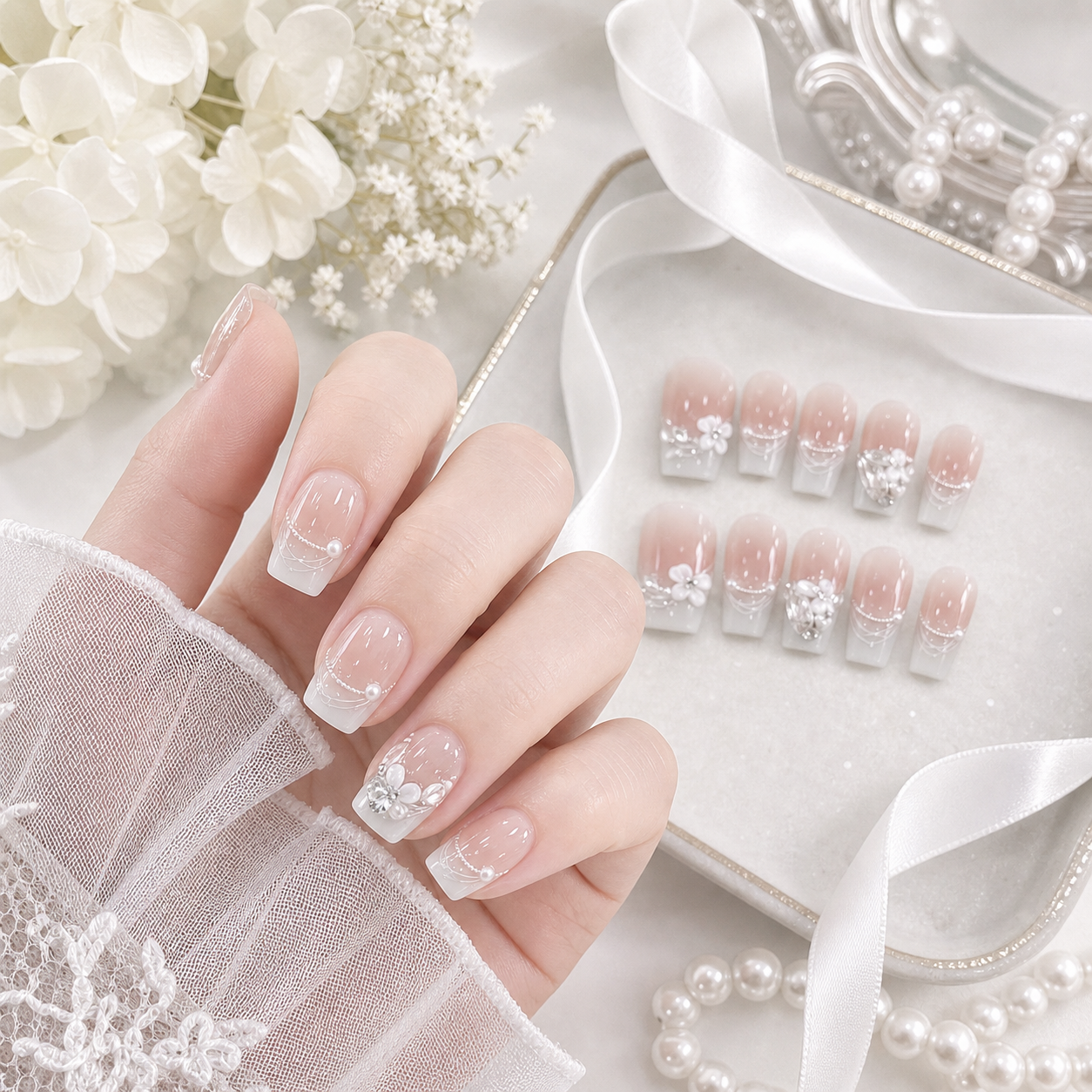 Everyday Carved Bloom — Milky French with Carved Florals | Handmade Press-On Nails image 4