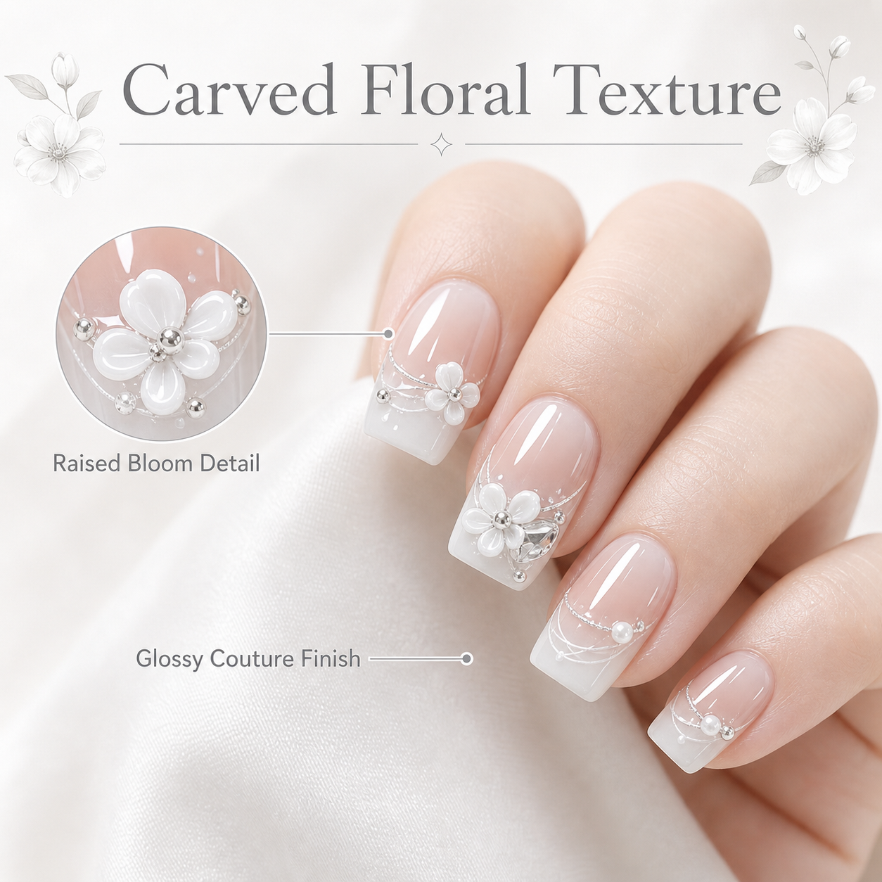 Everyday Carved Bloom — Milky French with Carved Florals | Handmade Press-On Nails image 6